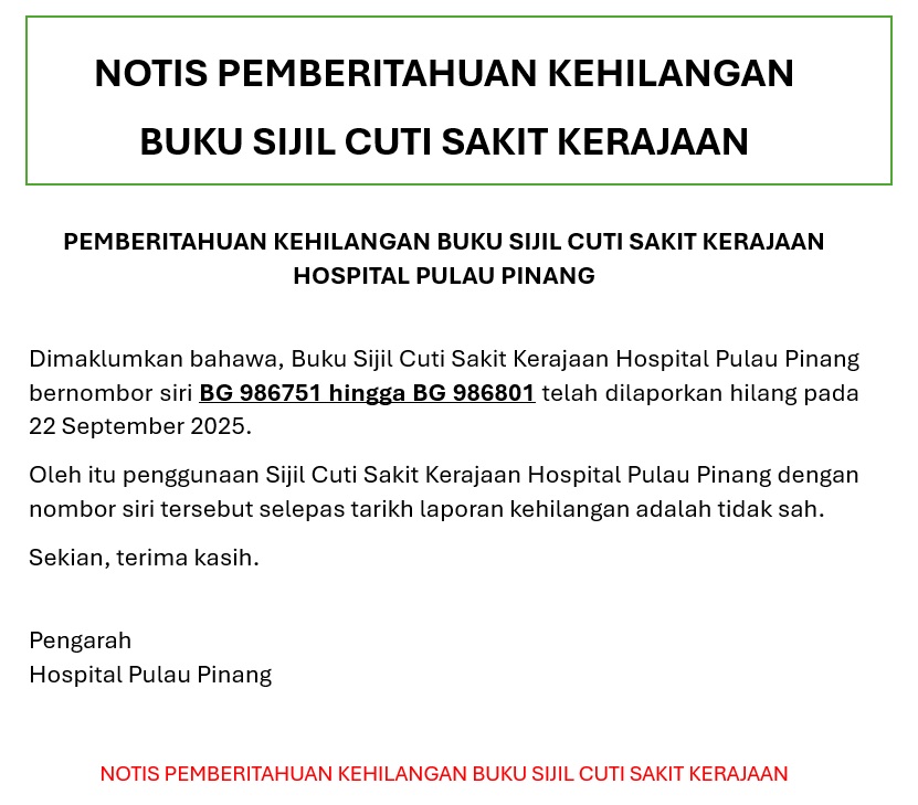 Notis Pemberitahuan Kehilangan Sijil Cuti Sakit HPP